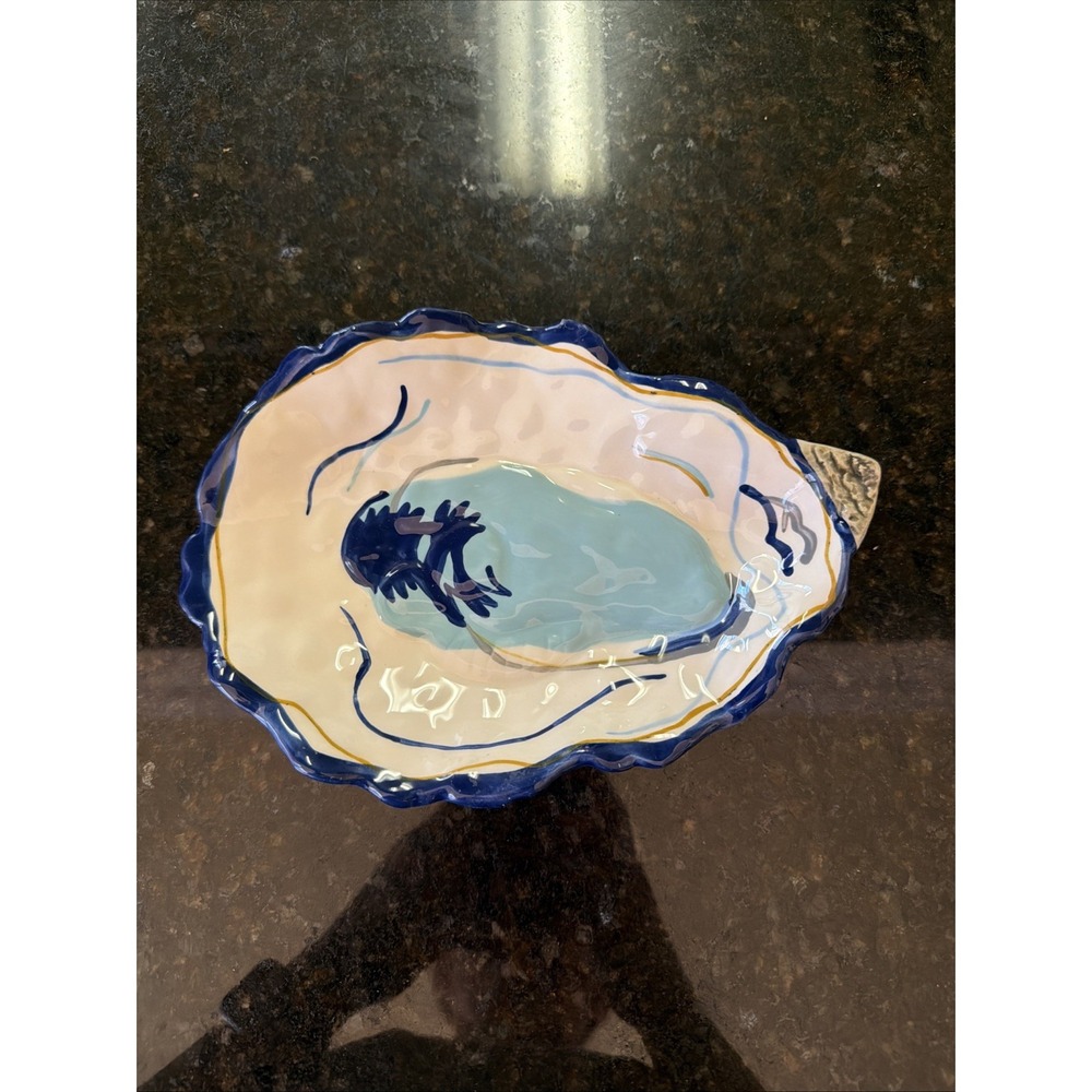 Coton Colors Oyster Trinket Bowl Dish Spoon Rest 9" Navy Yellow Kitchen Decor